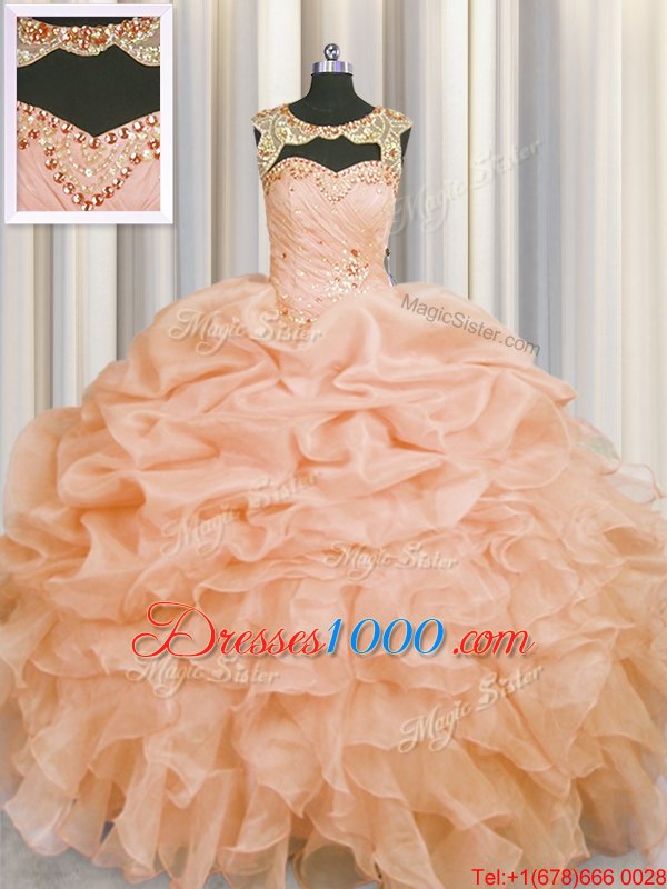 Fabulous Scoop Pick Ups Floor Length Ball Gowns Sleeveless Peach Quinceanera Dress Lace Up