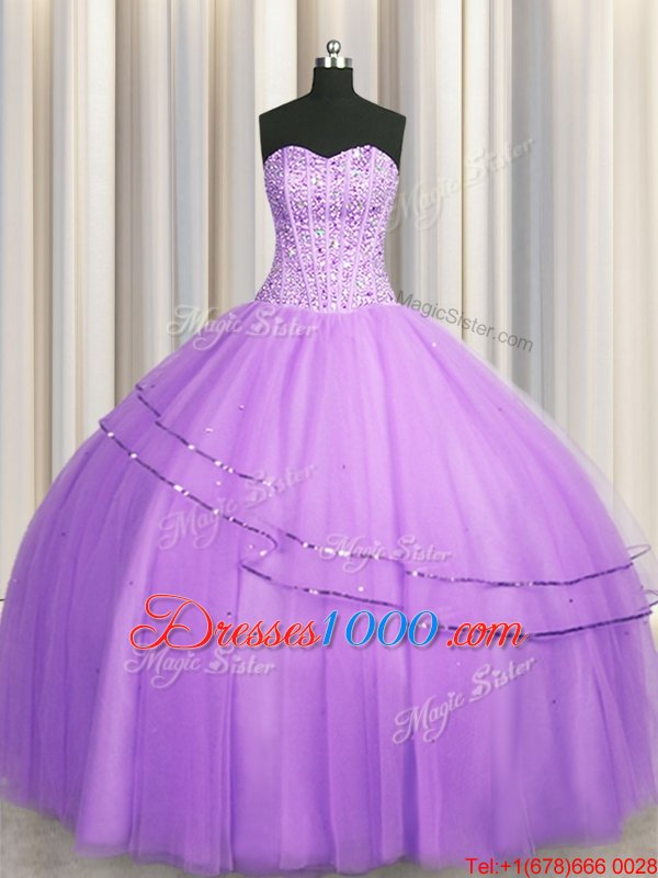 Visible Boning Puffy Skirt Tulle Sweetheart Sleeveless Lace Up Beading Quinceanera Gown in Lilac