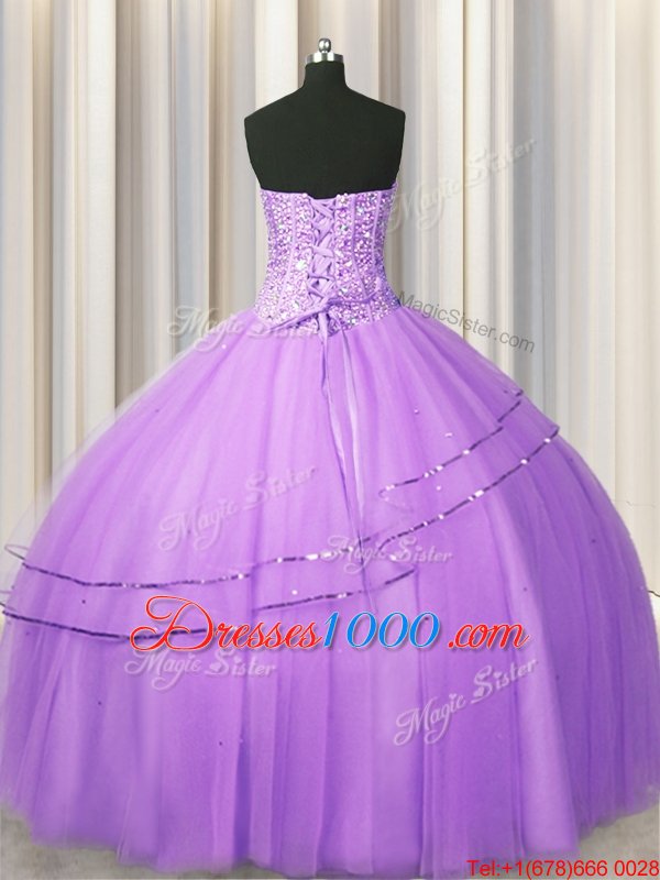 Visible Boning Puffy Skirt Tulle Sweetheart Sleeveless Lace Up Beading Quinceanera Gown in Lilac