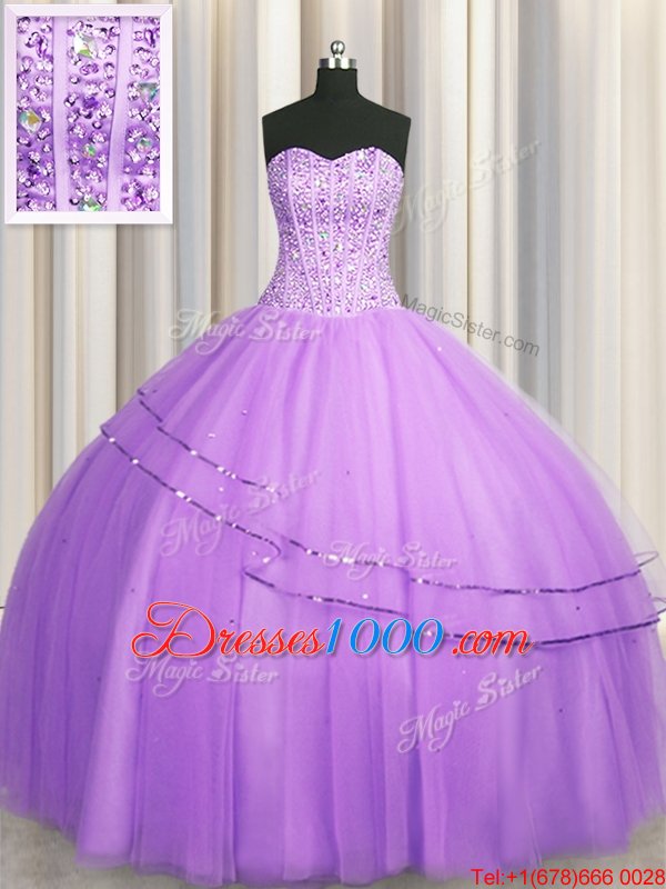 Visible Boning Puffy Skirt Tulle Sweetheart Sleeveless Lace Up Beading Quinceanera Gown in Lilac