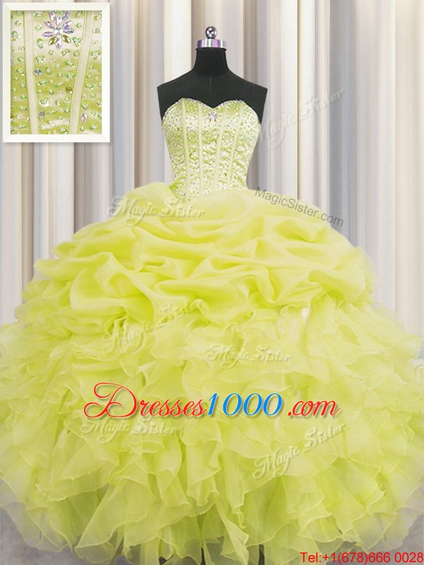 Latest Visible Boning Beading and Ruffles and Pick Ups Quinceanera Gowns Yellow Lace Up Sleeveless Floor Length