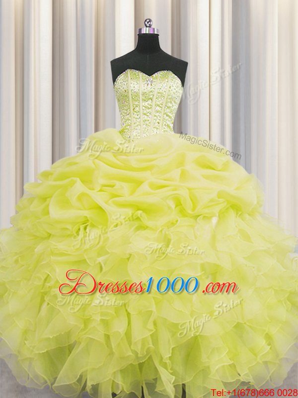 Latest Visible Boning Beading and Ruffles and Pick Ups Quinceanera Gowns Yellow Lace Up Sleeveless Floor Length