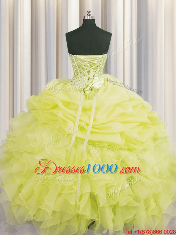 Latest Visible Boning Beading and Ruffles and Pick Ups Quinceanera Gowns Yellow Lace Up Sleeveless Floor Length