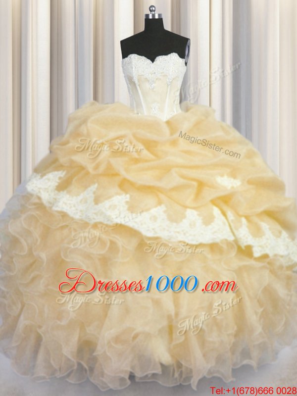 High Quality Organza Sleeveless Floor Length Quinceanera Gowns and Beading and Appliques and Ruffles and Pick Ups