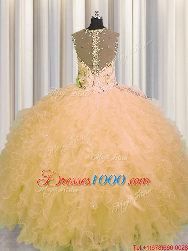 Charming See Through Zipper Up Tulle Sleeveless Floor Length 15th Birthday Dress and Beading and Ruffles