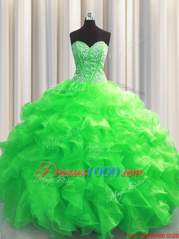 Visible Boning Green Organza Lace Up Sweetheart Sleeveless Floor Length Quinceanera Gowns Beading and Ruffles
