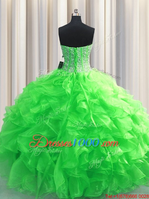 Visible Boning Green Organza Lace Up Sweetheart Sleeveless Floor Length Quinceanera Gowns Beading and Ruffles
