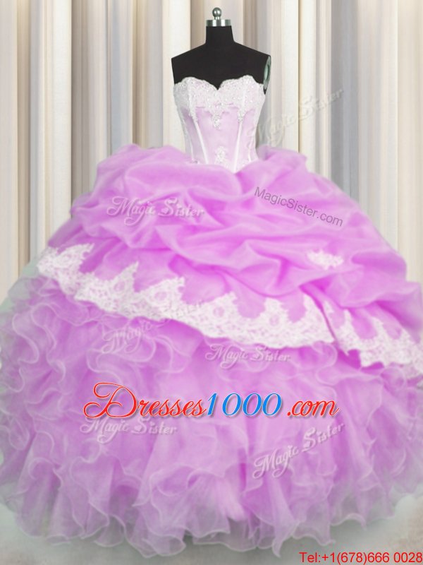 Customized Lilac Ball Gowns Sweetheart Sleeveless Organza Floor Length Lace Up Beading and Appliques and Ruffles and Pick Ups Quince Ball Gowns