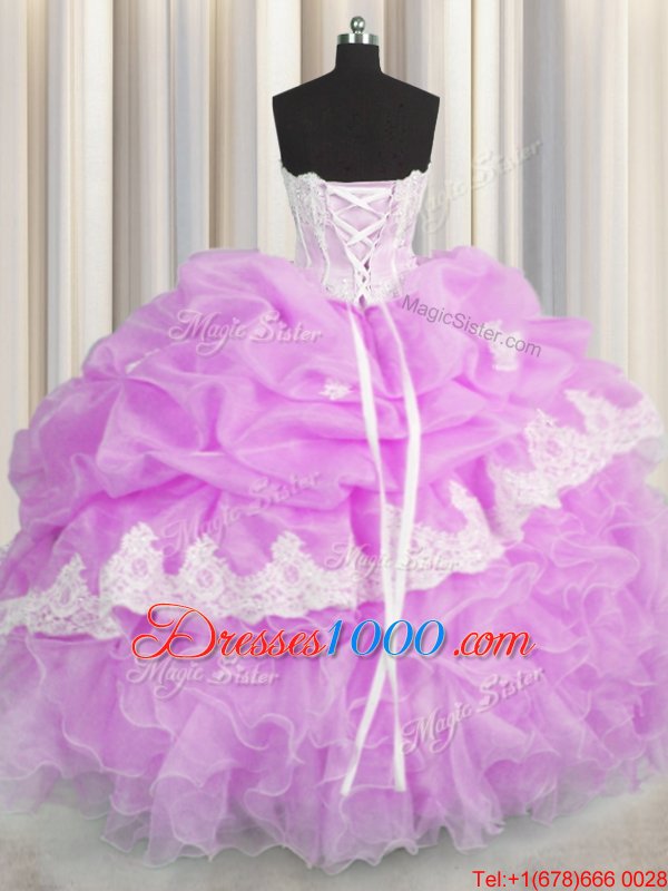 Customized Lilac Ball Gowns Sweetheart Sleeveless Organza Floor Length Lace Up Beading and Appliques and Ruffles and Pick Ups Quince Ball Gowns