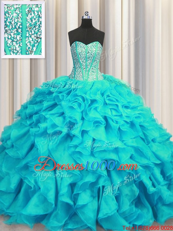 Visible Boning Sweetheart Sleeveless Quinceanera Gown Brush Train Beading and Ruffles Aqua Blue Organza