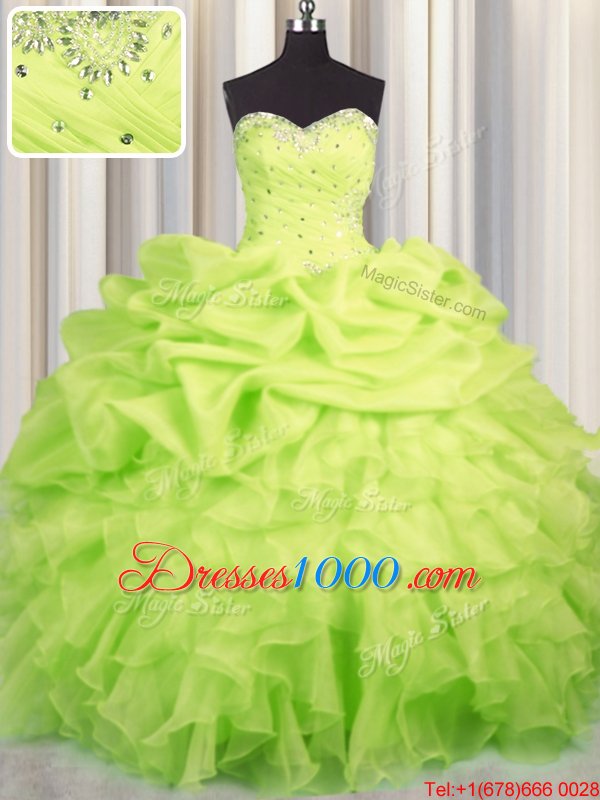 Deluxe Yellow Green Lace Up Sweetheart Beading and Ruffles and Ruching and Pick Ups Quinceanera Gown Organza Sleeveless