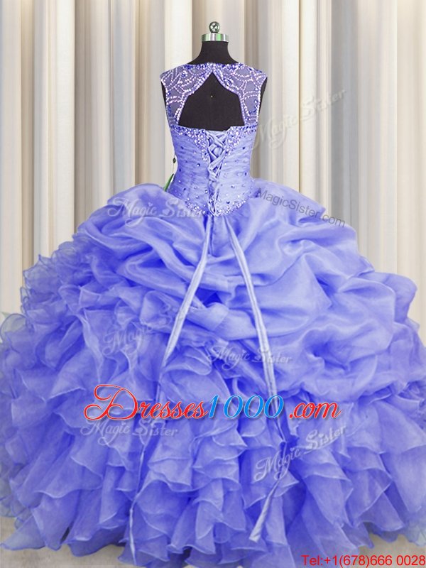 Unique Blue Scoop Lace Up Beading and Pick Ups Quinceanera Dresses Sleeveless