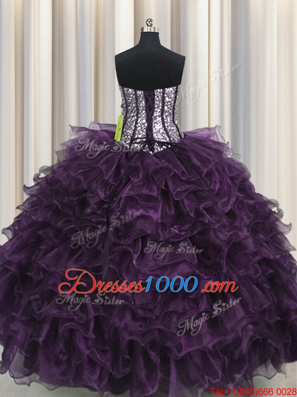 Visible Boning Floor Length Dark Purple Quince Ball Gowns Organza and Sequined Sleeveless Ruffles and Sequins