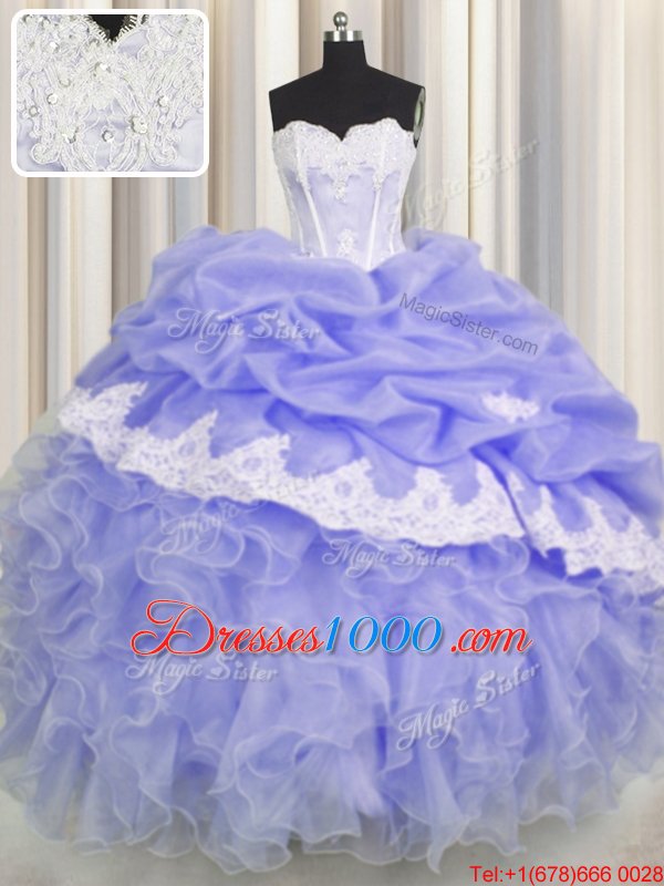 Sleeveless Floor Length Beading and Appliques and Ruffles and Pick Ups Lace Up Quince Ball Gowns with Lavender