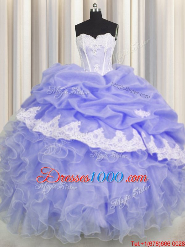 Sleeveless Floor Length Beading and Appliques and Ruffles and Pick Ups Lace Up Quince Ball Gowns with Lavender