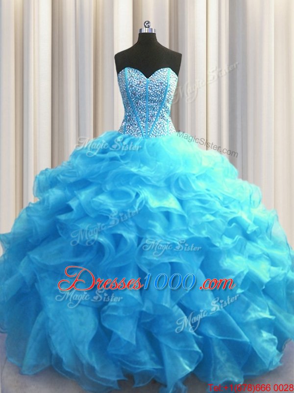 Visible Boning Red Sleeveless Floor Length Beading and Ruffles Lace Up 15 Quinceanera Dress