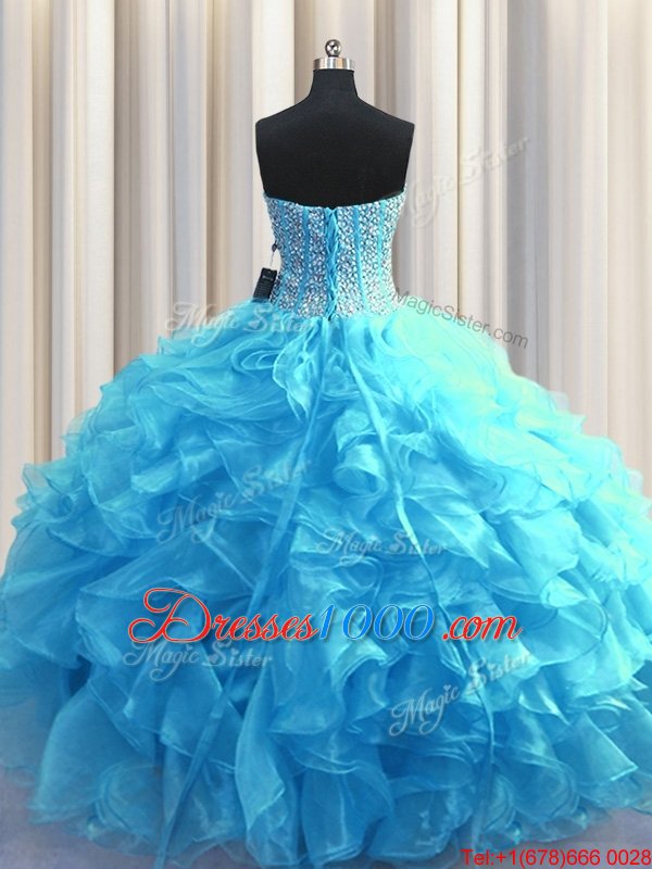 Visible Boning Red Sleeveless Floor Length Beading and Ruffles Lace Up 15 Quinceanera Dress