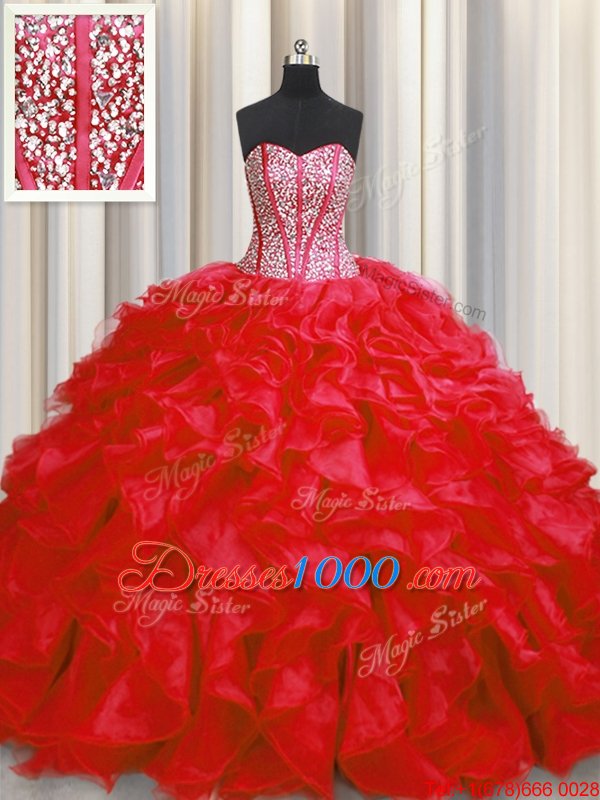 Visible Boning Red Sleeveless Floor Length Beading and Ruffles Lace Up 15 Quinceanera Dress