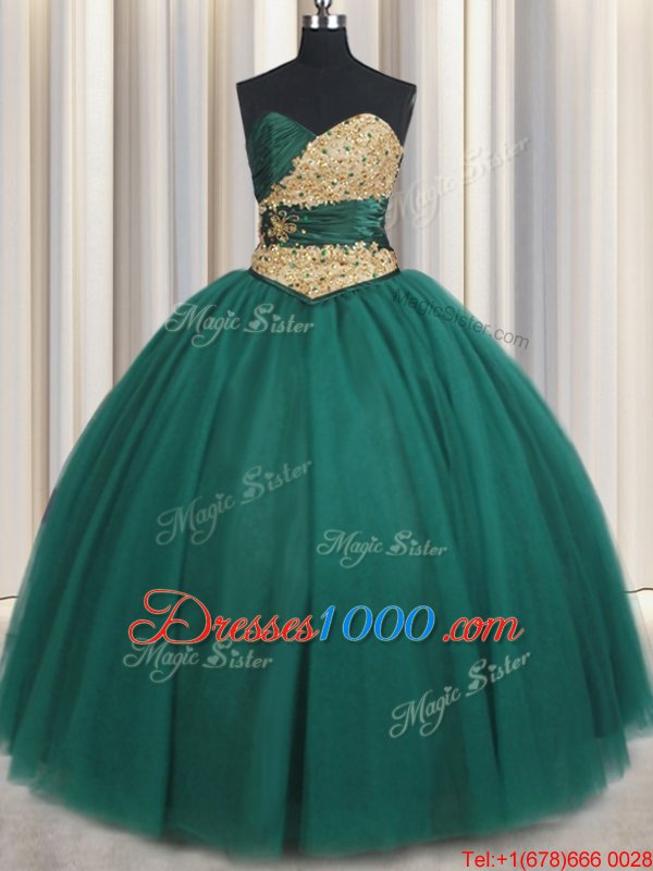 Peacock Green Sleeveless Tulle Lace Up Quinceanera Gown for Military Ball and Sweet 16 and Quinceanera