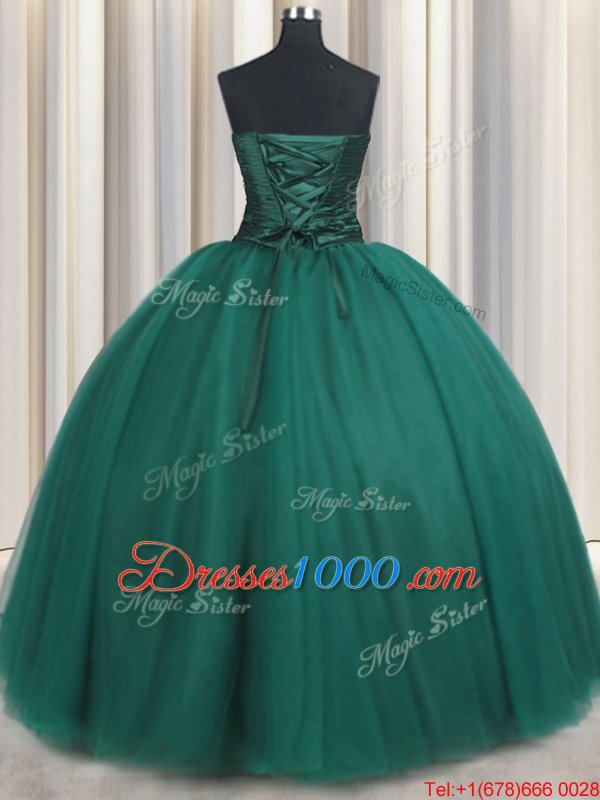 Peacock Green Sleeveless Tulle Lace Up Quinceanera Gown for Military Ball and Sweet 16 and Quinceanera