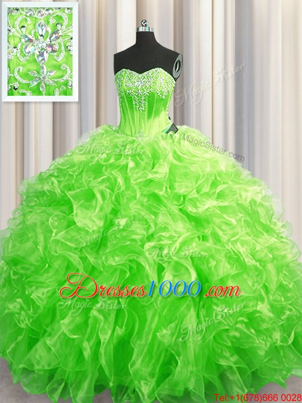 Charming Ball Gowns Organza Sweetheart Sleeveless Beading and Ruffles Lace Up Quinceanera Dress Sweep Train