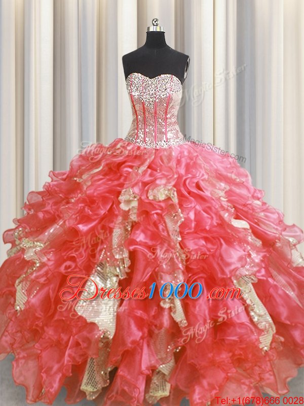 Classical Sequins Visible Boning Floor Length Watermelon Red Ball Gown Prom Dress Sweetheart Sleeveless Lace Up