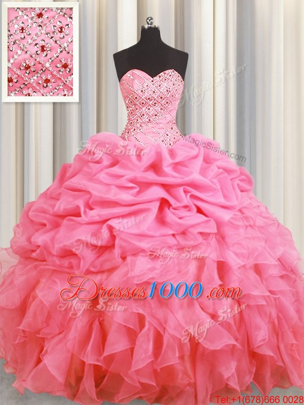 Fantastic Halter Top Rose Pink Ball Gowns Beading and Ruffles and Pick Ups Sweet 16 Dress Lace Up Organza Sleeveless Floor Length