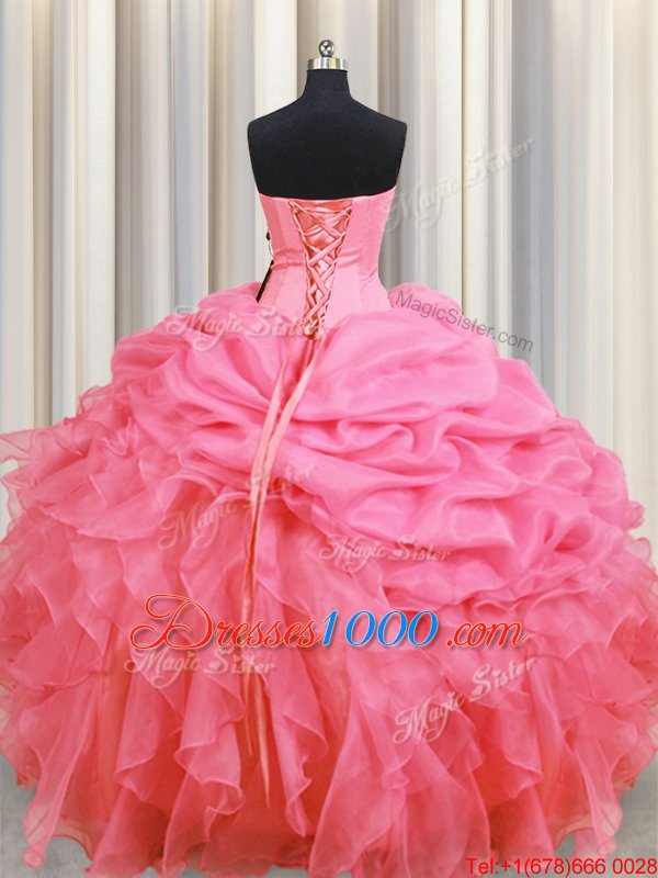 Fantastic Halter Top Rose Pink Ball Gowns Beading and Ruffles and Pick Ups Sweet 16 Dress Lace Up Organza Sleeveless Floor Length
