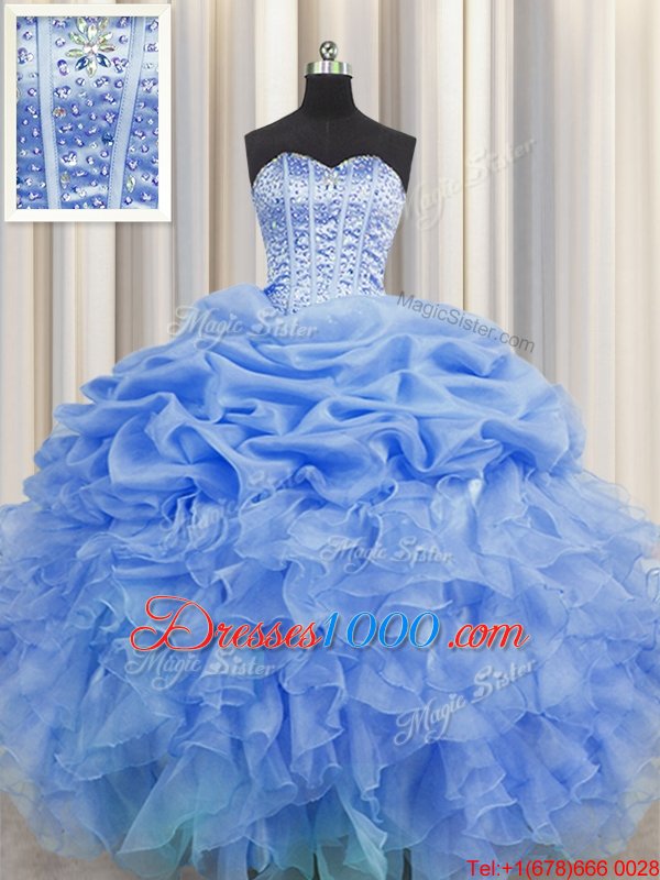 Pick Ups Visible Boning Ball Gowns Quinceanera Gowns Blue Sweetheart Organza Sleeveless Floor Length Lace Up