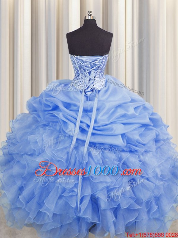 Pick Ups Visible Boning Ball Gowns Quinceanera Gowns Blue Sweetheart Organza Sleeveless Floor Length Lace Up