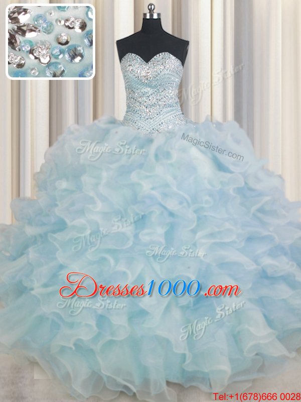 Light Blue Sleeveless Floor Length Beading and Ruffles Lace Up Quinceanera Dresses