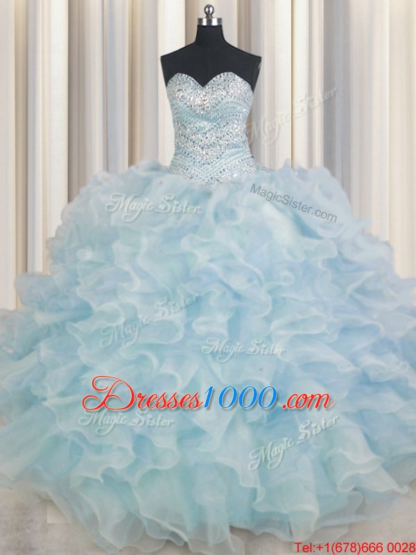 Light Blue Sleeveless Floor Length Beading and Ruffles Lace Up Quinceanera Dresses