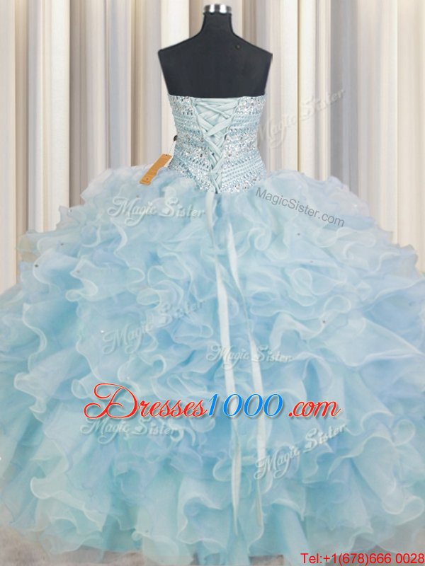 Light Blue Sleeveless Floor Length Beading and Ruffles Lace Up Quinceanera Dresses