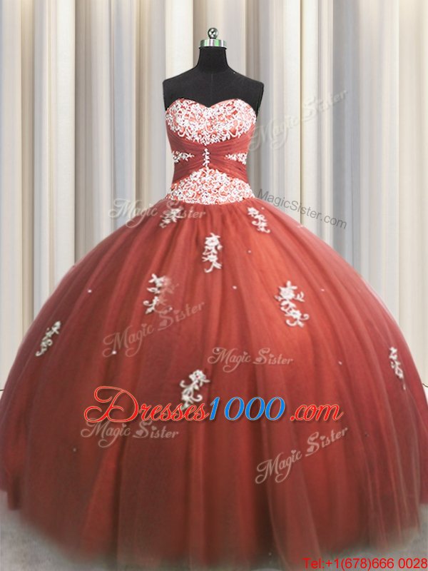 Tulle Sweetheart Sleeveless Lace Up Beading and Appliques Ball Gown Prom Dress in Rust Red