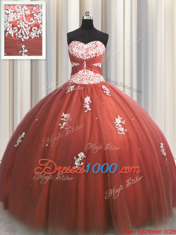 Tulle Sweetheart Sleeveless Lace Up Beading and Appliques Ball Gown Prom Dress in Rust Red