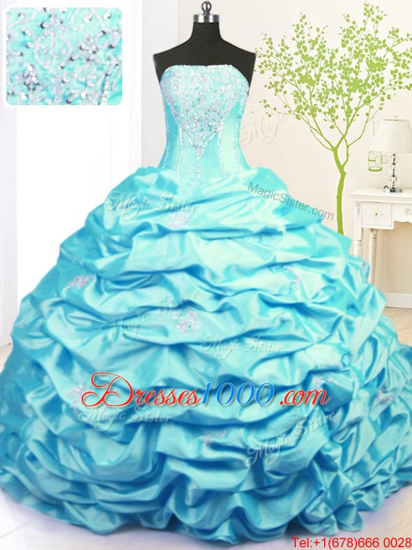 Discount Pick Ups Strapless Sleeveless Sweep Train Lace Up Quinceanera Gown Aqua Blue Taffeta