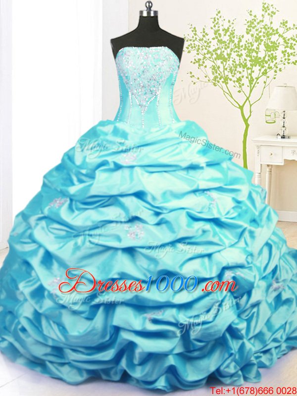 Discount Pick Ups Strapless Sleeveless Sweep Train Lace Up Quinceanera Gown Aqua Blue Taffeta