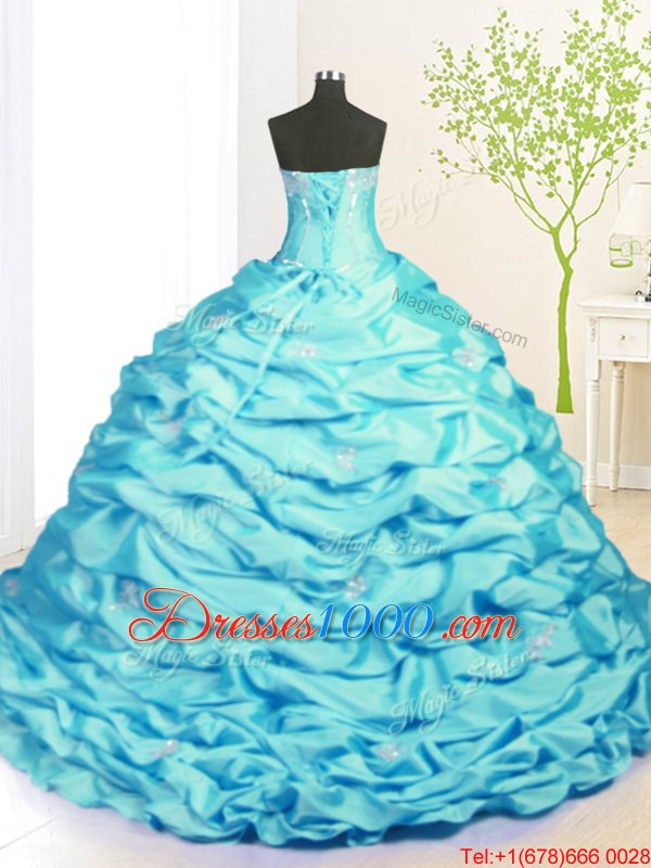 Discount Pick Ups Strapless Sleeveless Sweep Train Lace Up Quinceanera Gown Aqua Blue Taffeta
