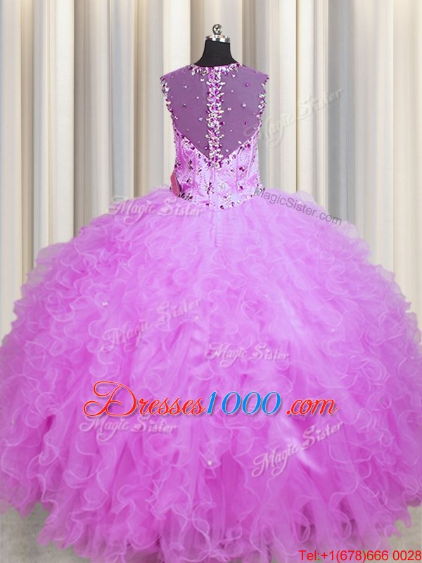 Fitting See Through Zipper Up Sleeveless Floor Length Beading and Ruffles Zipper Quinceanera Dresses with Lilac