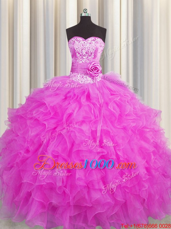 Top Selling Handcrafted Flower Fuchsia Sweetheart Lace Up Beading and Ruffles and Hand Made Flower Sweet 16 Quinceanera Dress Sleeveless