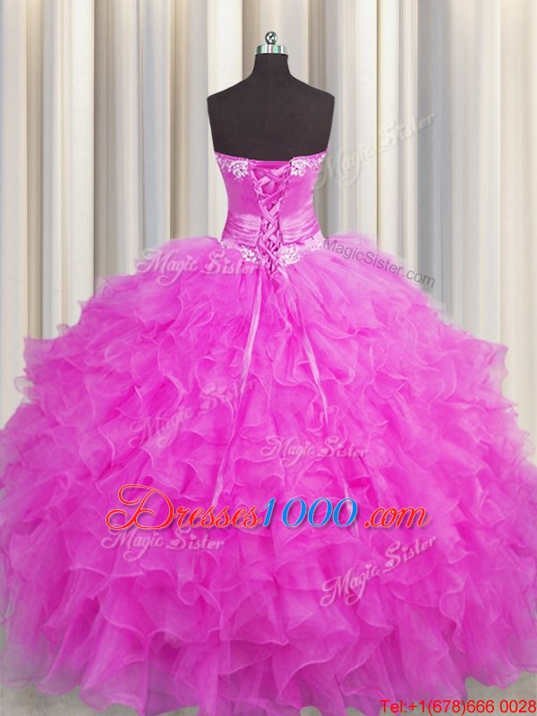 Top Selling Handcrafted Flower Fuchsia Sweetheart Lace Up Beading and Ruffles and Hand Made Flower Sweet 16 Quinceanera Dress Sleeveless