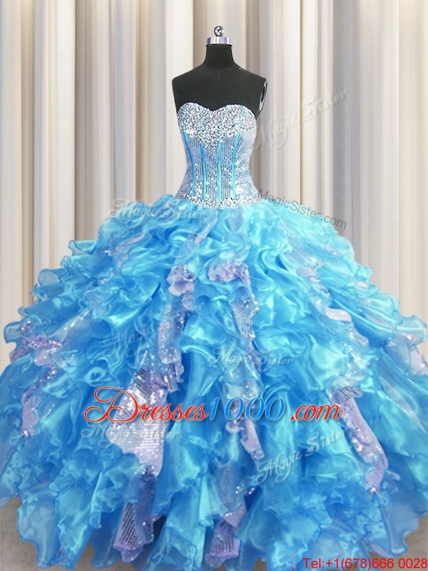 Dazzling Sequins Visible Boning Floor Length Ball Gowns Sleeveless Baby Blue Ball Gown Prom Dress Lace Up