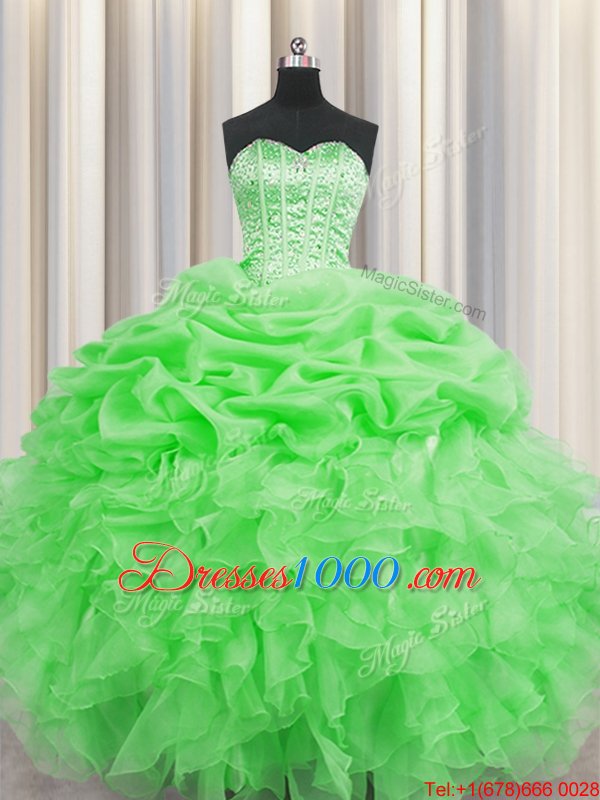 Luxurious Visible Boning Green Ball Gowns Organza Sweetheart Sleeveless Beading and Ruffles and Pick Ups Floor Length Lace Up Sweet 16 Dress