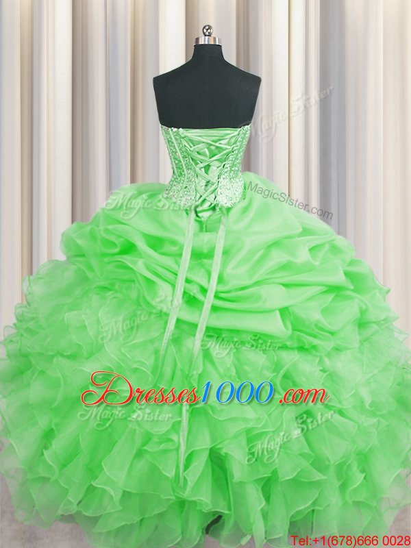 Luxurious Visible Boning Green Ball Gowns Organza Sweetheart Sleeveless Beading and Ruffles and Pick Ups Floor Length Lace Up Sweet 16 Dress