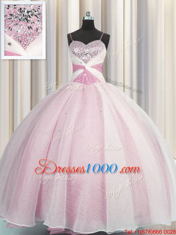 High Class Rose Pink Ball Gowns Spaghetti Straps Sleeveless Organza Floor Length Lace Up Beading and Ruching Sweet 16 Dress