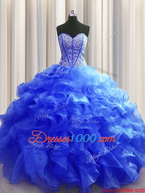 Visible Boning Royal Blue Lace Up Quinceanera Gown Beading and Ruffles Sleeveless Floor Length