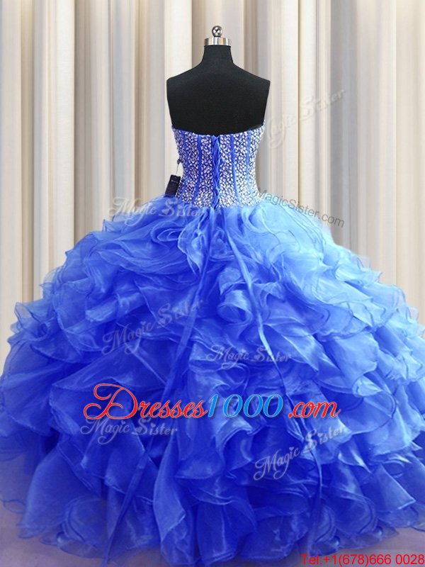 Visible Boning Royal Blue Lace Up Quinceanera Gown Beading and Ruffles Sleeveless Floor Length