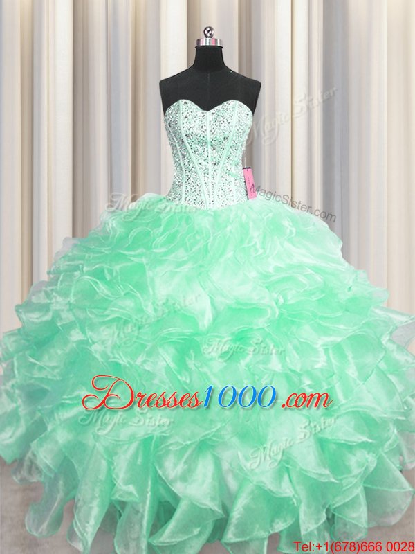 Visible Boning Floor Length Zipper Vestidos de Quinceanera Apple Green and In for Military Ball and Sweet 16 and Quinceanera with Beading and Ruffles