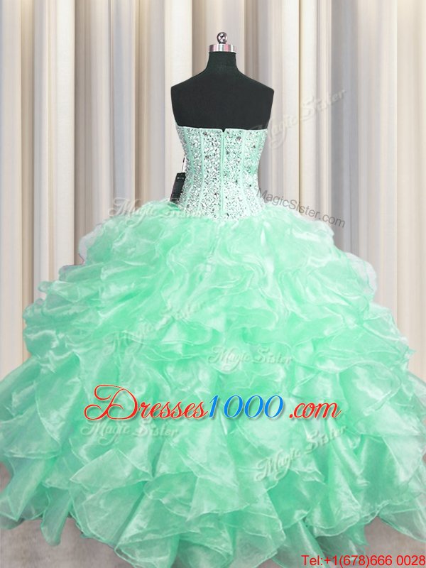 Visible Boning Floor Length Zipper Vestidos de Quinceanera Apple Green and In for Military Ball and Sweet 16 and Quinceanera with Beading and Ruffles