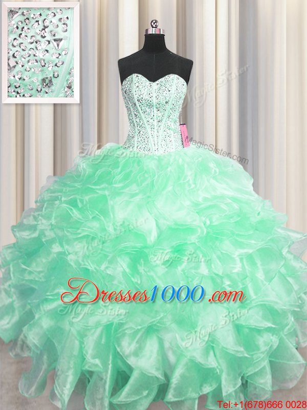 Visible Boning Floor Length Zipper Vestidos de Quinceanera Apple Green and In for Military Ball and Sweet 16 and Quinceanera with Beading and Ruffles
